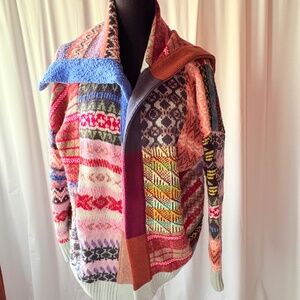 Anthropologie Boho Abstract Multicolor Patchwork Open Cardigan Sweater 1X/2X